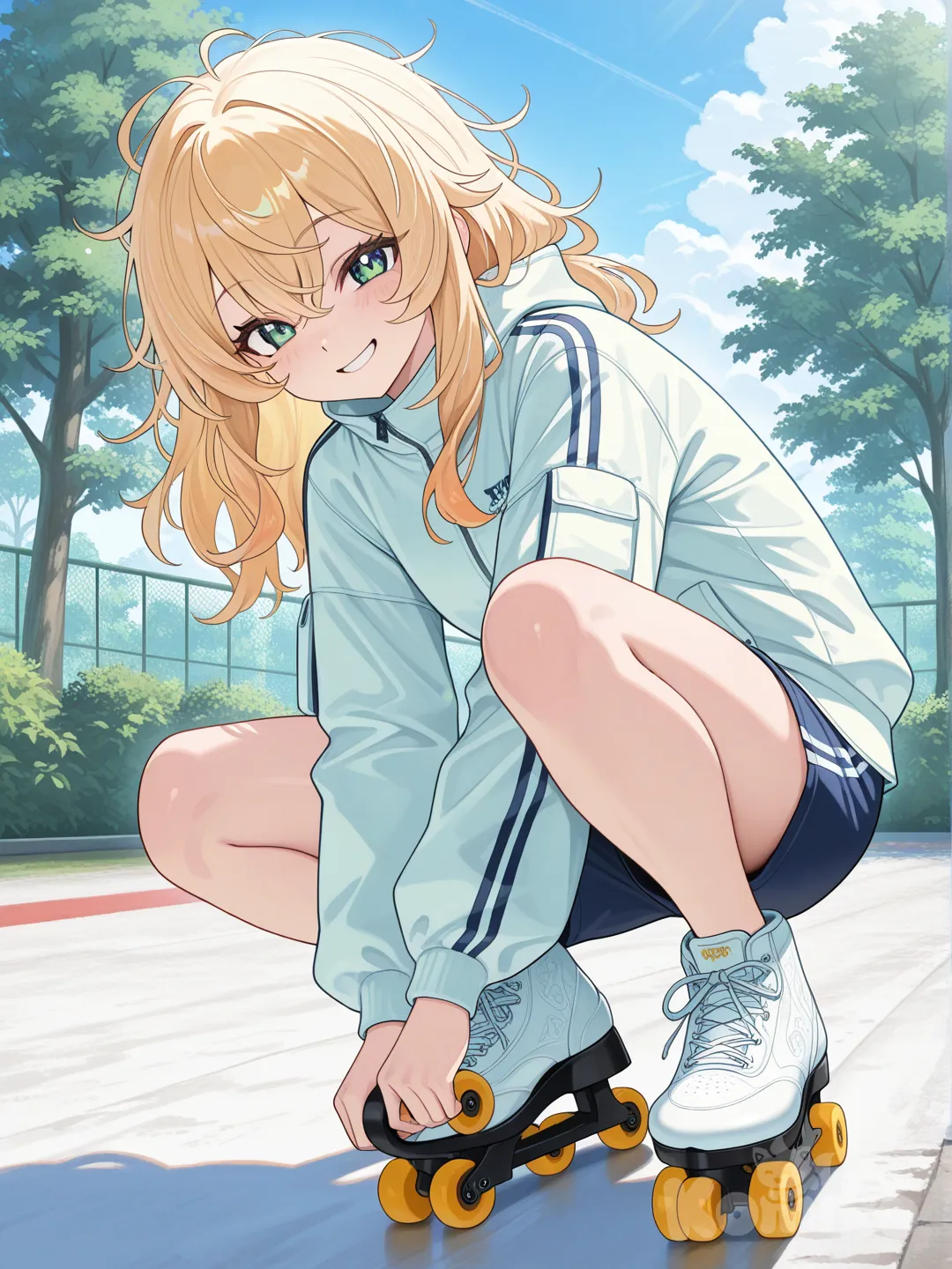 Action: Adjusting one skate before a run
Hair: Sandy-beige, tousled
Eyes: Soft green
Clothes: Sport shorts, light jacket, knee pads
Personality: Energetic, cheerful, loves the outdoors