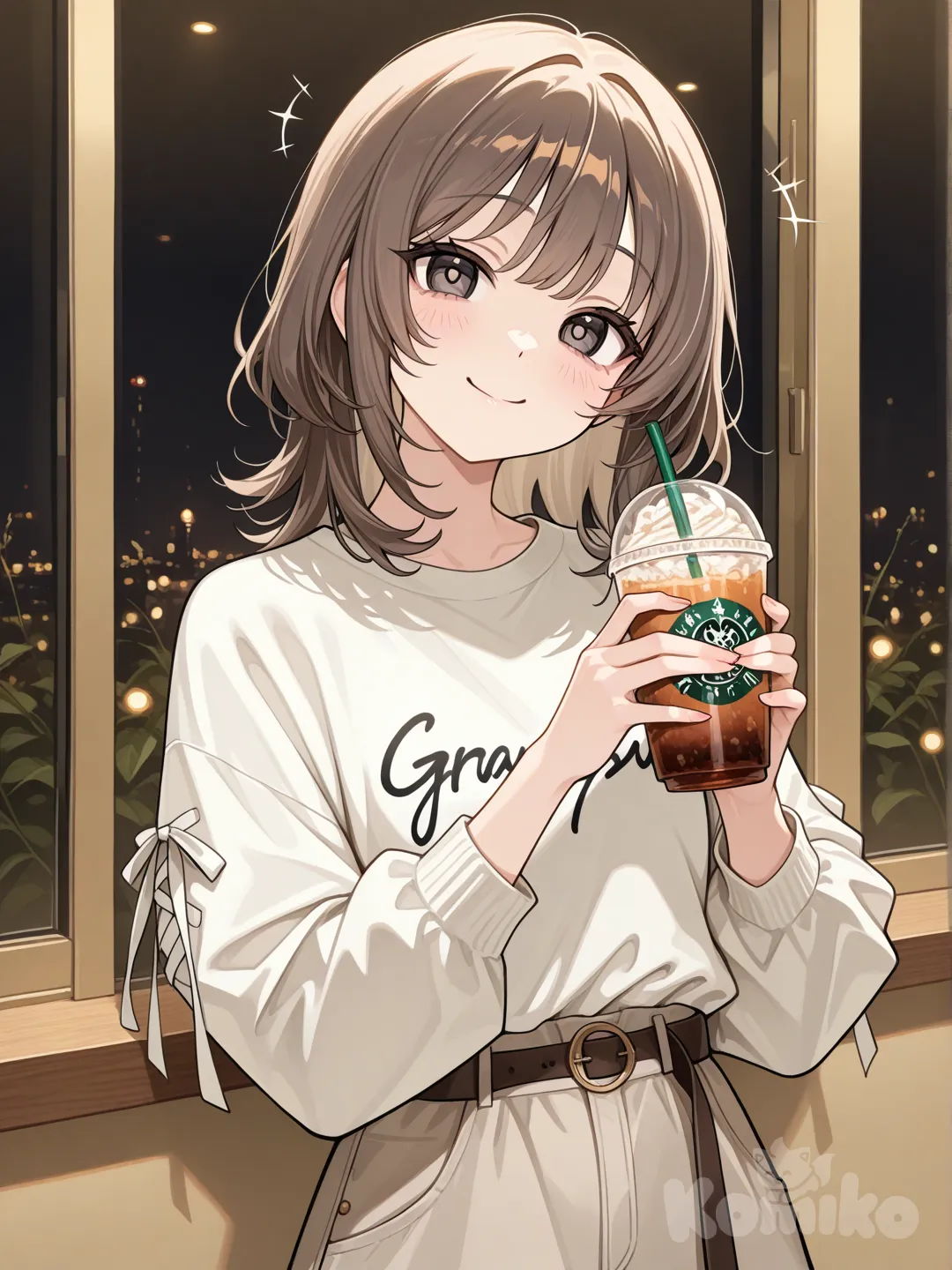 Action: Holding two drinks, deciding which to try
Hair: Grayish-brown, medium length
Eyes: Deep teal
Clothes: Casual streetwear
Personality: Playful, curious, always trying new trends
