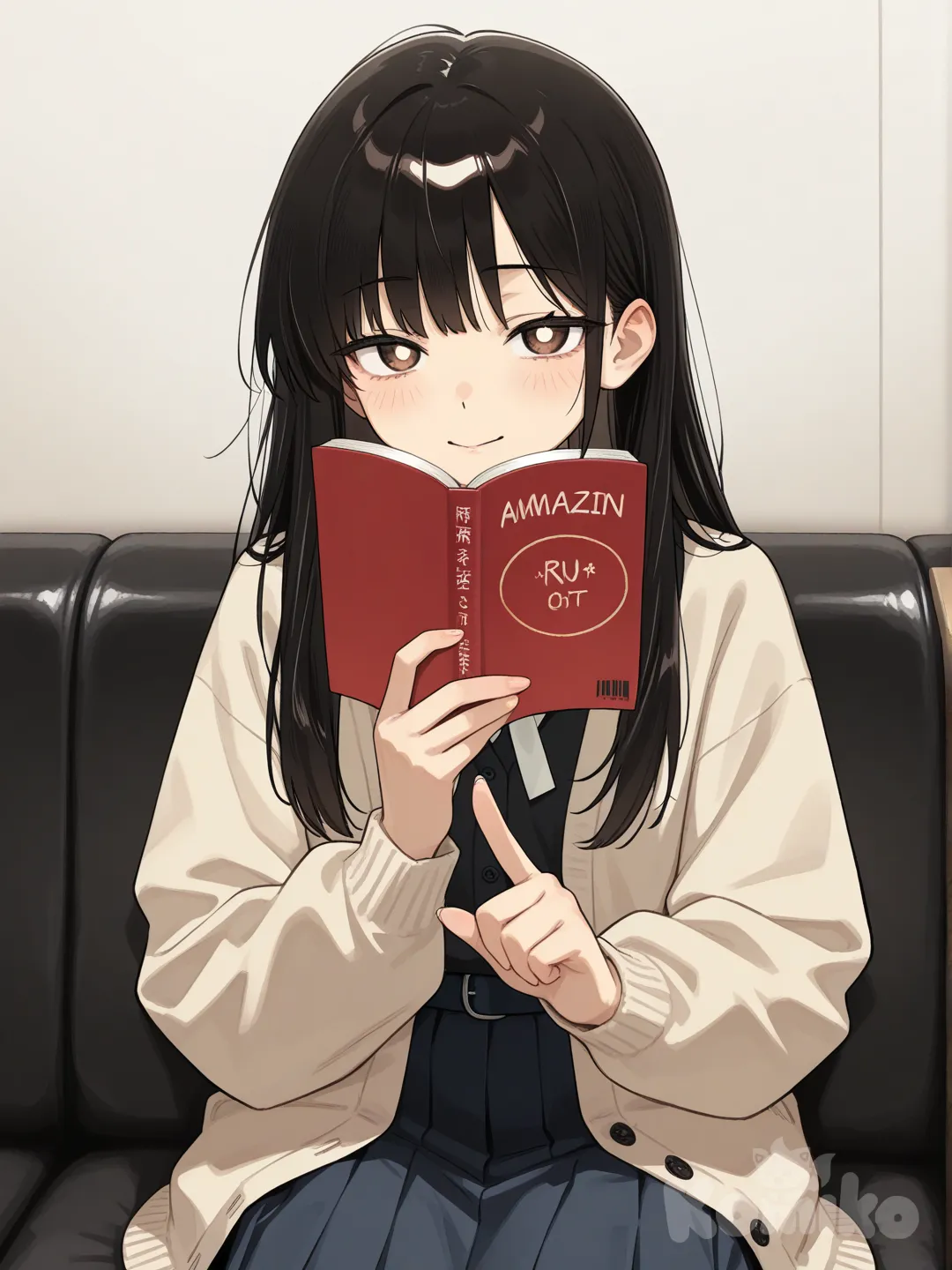 Action: Holding a book with one finger marking her place
Hair: Straight black hair with clipped bangs
Eyes: Brown with a warm gleam
Clothes: Simple cardigan, skirt
Personality: Quiet but expressive, intelligent