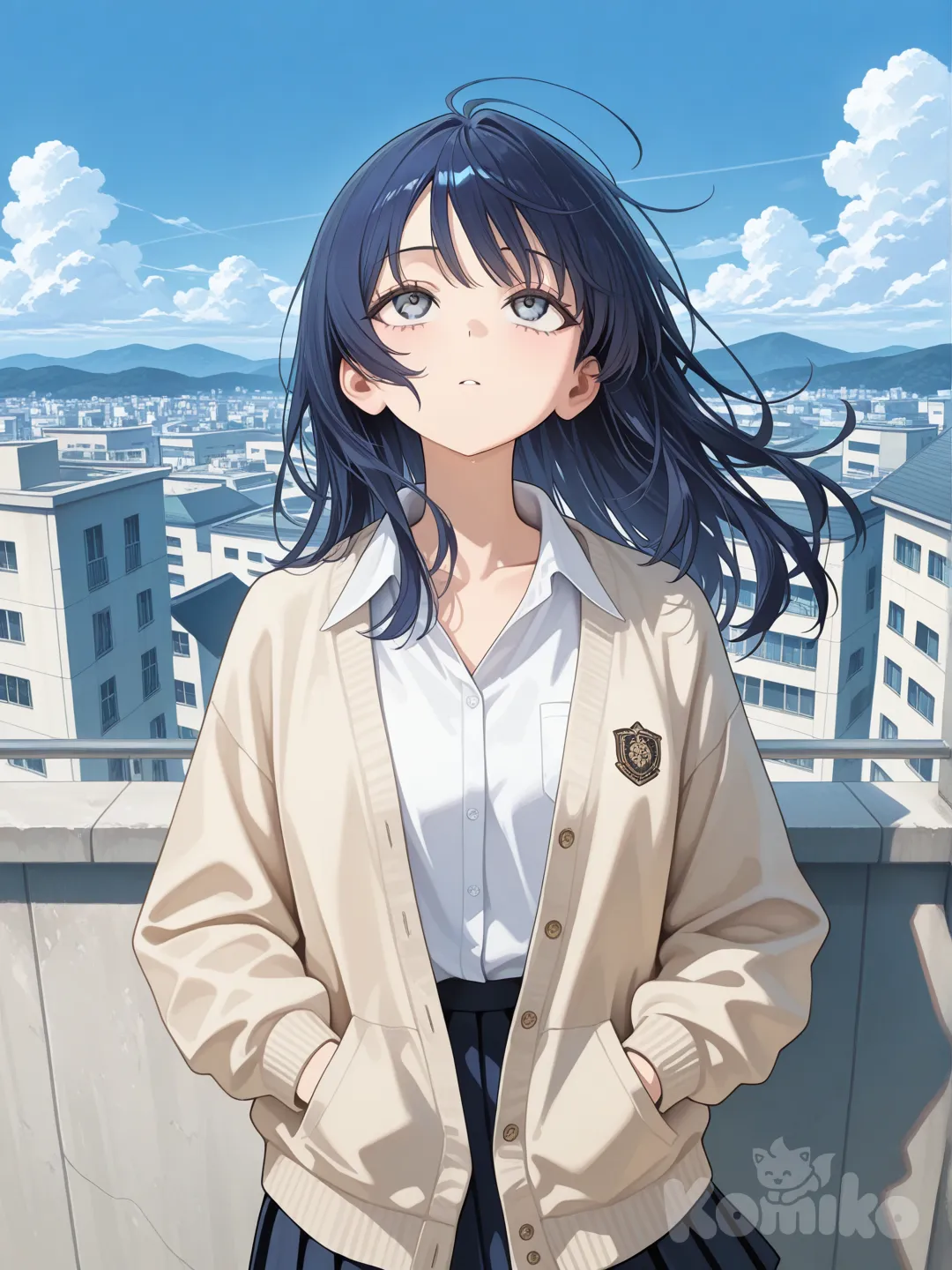 Rooftop Daydreamer

Action: Looking at clouds with hands in pockets
Hair: Charcoal-blue
Eyes: Calm gray
Clothes: School uniform with open collar
Personality: Creative, mellow, introspective