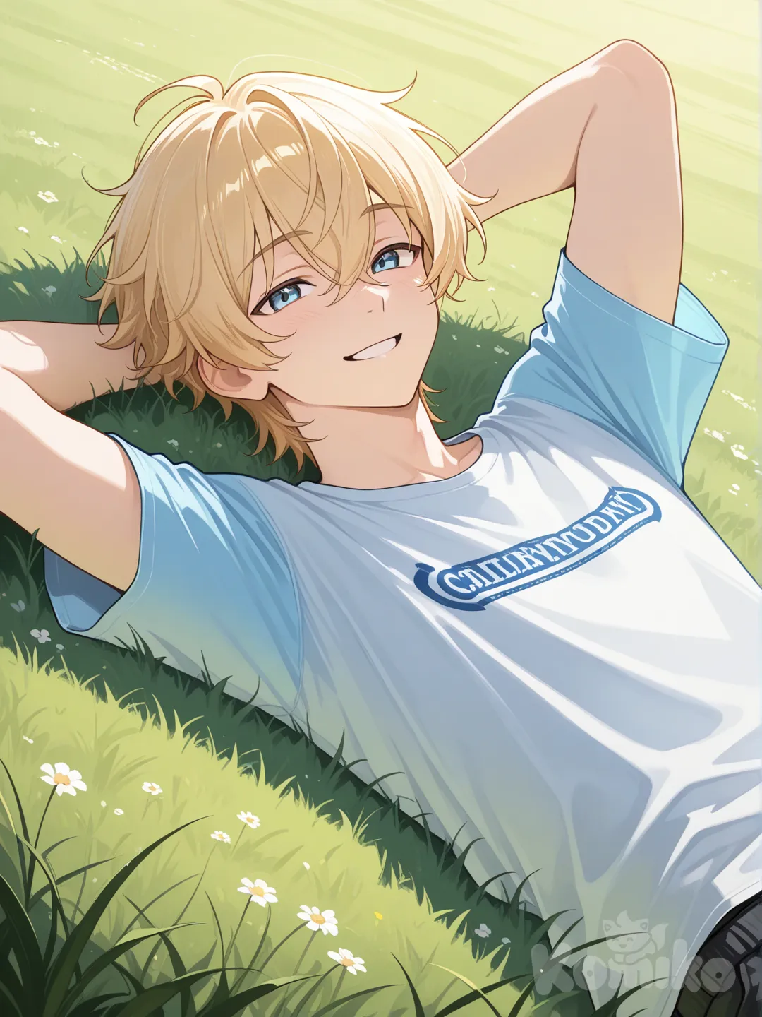 Action: Lying on the grass with arms behind head
Hair: Soft golden-blond
Eyes: Light sky-blue
Clothes: Simple tee, joggers
Personality: Chill, friendly, easygoing