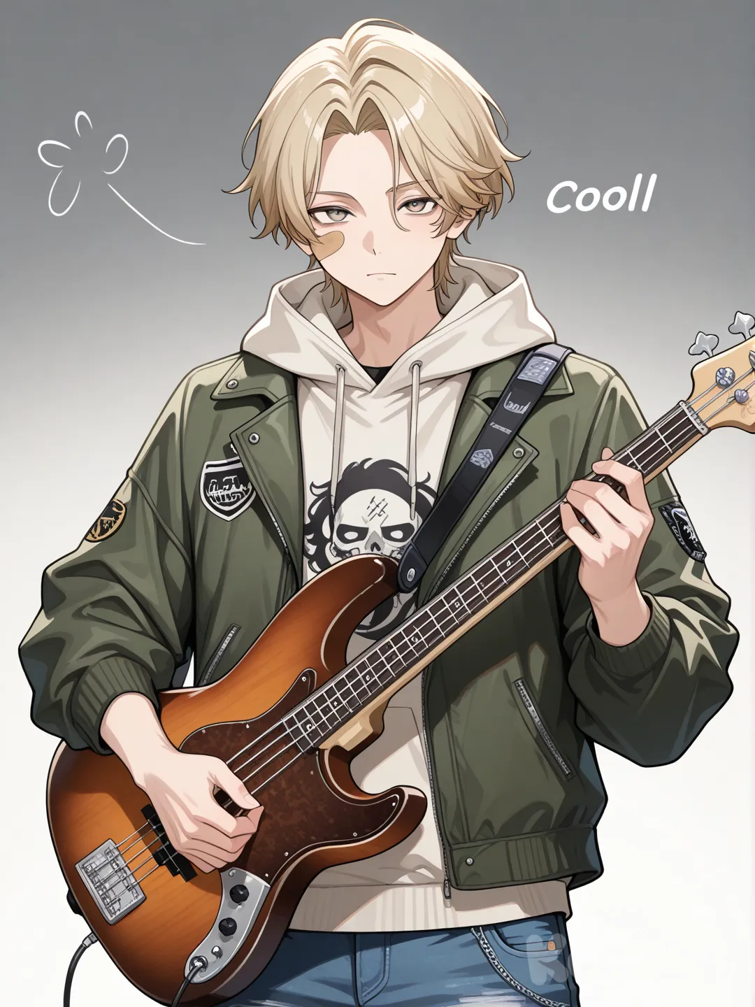 Action: Adjusting his bass strap before practice
Hair: Ash-blond with a side part
Eyes: Slate-gray
Clothes: Hoodie, jeans, band patch on jacket
Personality: Quiet cool, supportive, relaxed