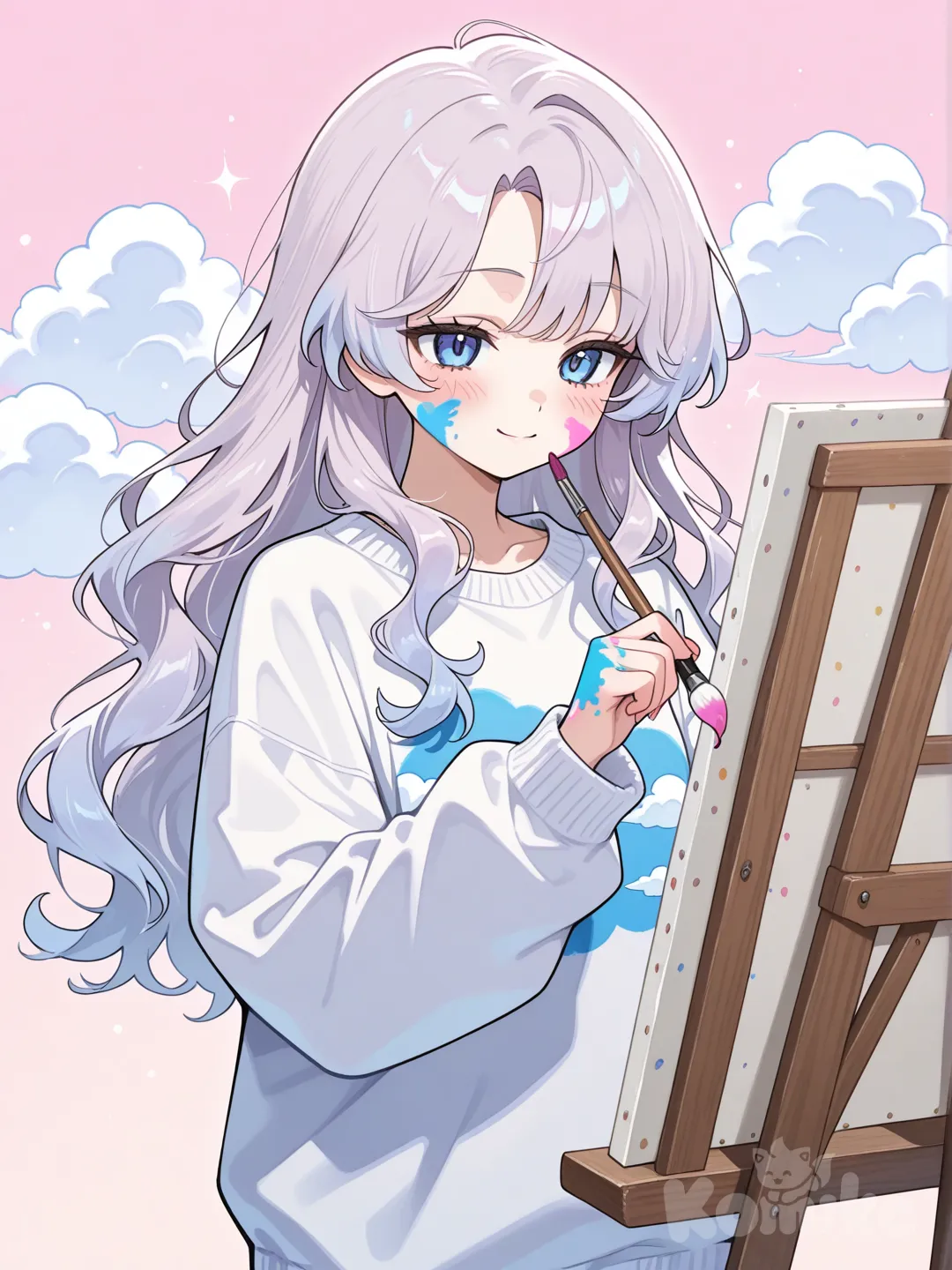 Hair: Light lavender waves
Eyes: Baby blue
Clothes: Oversized white sweater with cloud doodles
Hobby: Painting fluffy pastel skies
Action: Swirling pink and blue paint on a canvas
Personality: Dreamy, soft-spoken