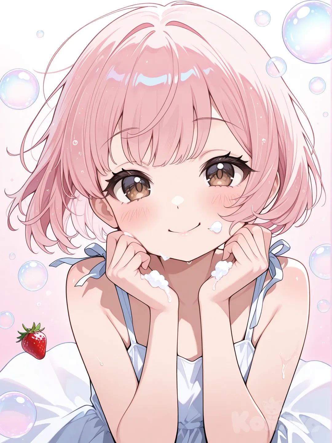 Action: Blowing cute bubbles that float around

Hair: Light strawberry-pink, bob cut

Eyes: Rose-brown

Clothes: Casual summer dress

Personality: Cheerful, dreamy