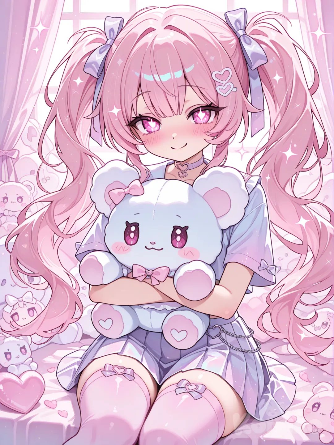 Action: Hugging a giant pastel plushie
Hair: Fluffy pink twintails
Eyes: Sparkling rose-pink
Vibe: Sweet, trendy, TikTok-cute
Hobby: Collecting plushies