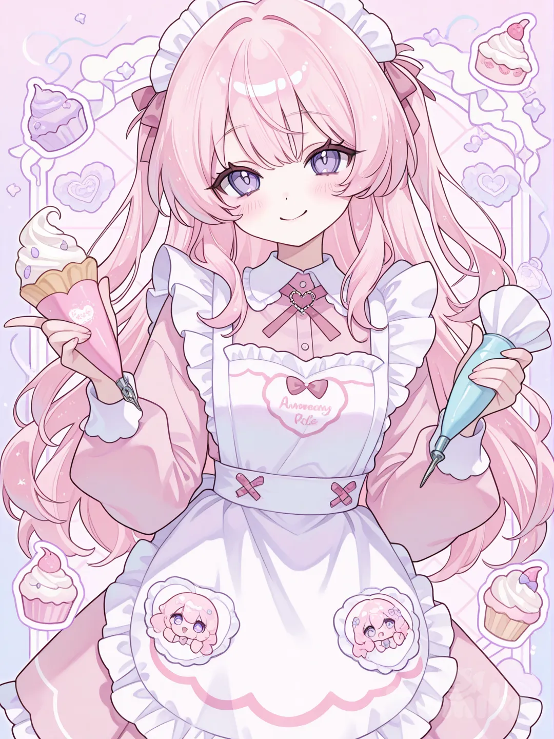 Action: Piping frosting in little swirls
Hair: Pale peach-pink
Eyes: Lilac
Clothes: Cute pastel apron
Hobby: Decorating cute pastries
Personality: Cheerful, bright