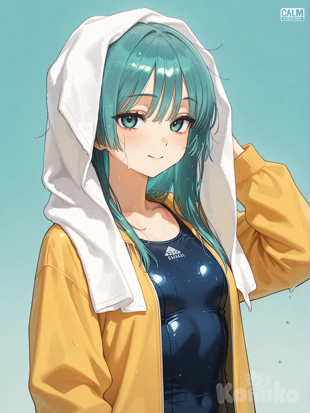 Action: Drying her hair with a towel

Hair: Sea-blue, straight and silky

Eyes: Gentle teal

Clothes: School swimsuit + warm jacket

Personality: Calm, polite