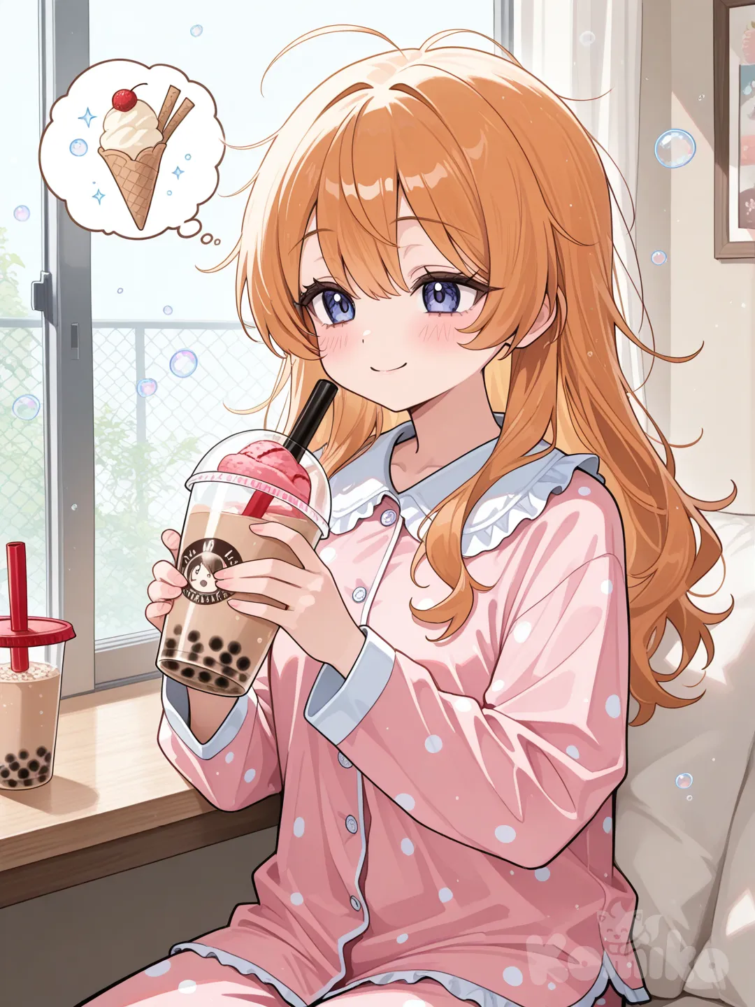thought bubble, air bubble, bubble tea,ice cream,pajamas,1girl