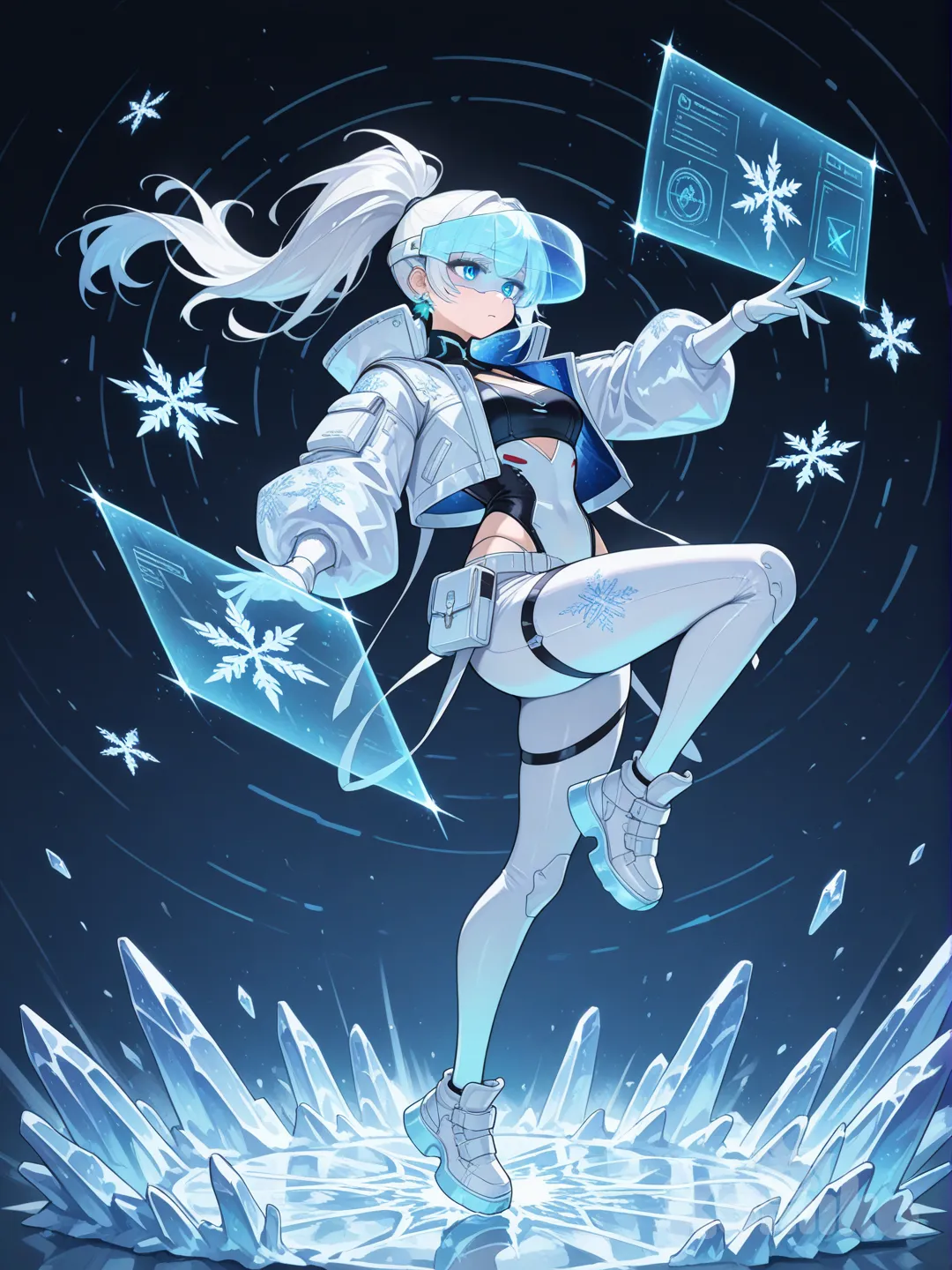 Appearance:
White hair in a high ponytail, soft blue eyes, a sleek holographic visor, and a futuristic jacket lined with glowing snowflake symbols. Wears ice-crystal earrings.
Actions:
Hacks tech with holographic ice screens
Creates ice platforms in midair
Freezes bullets and shatters them with a tap
Vibe: Cool (literally), elegant, and futuristic.