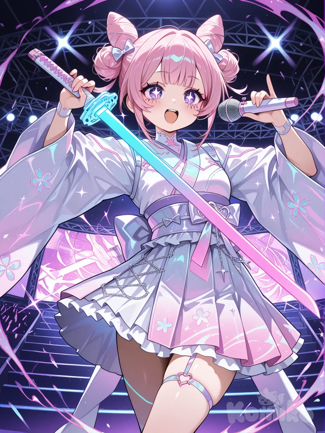 Pop idols, influencers, and Japanese performance arts.

Appearance:

Pink hair in cute twin buns

Sparkling violet eyes

Stylish techno-kimono with neon accents

Katana with holographic blade lights

Actions:

Uses voice-based charm techniques

Performs sword dances inspired by real traditional performances

Can broadcast illusions through her “idol aura”

Why She Feels Real:
Her career, popularity, and outfits resemble actual modern pop idols.