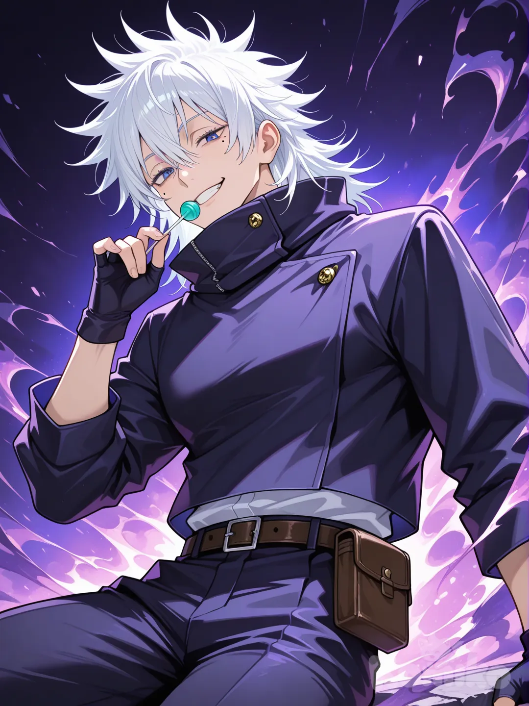 Universally popular (anime + non-anime fans know him)

Overpowered but stylish

Easy to explain yet impressive

Actions

Strongest jujutsu sorcerer

Uses Infinity and Domain Expansion

Hobbies

Teasing students

Eating sweets

Appearance

White spiky hair

Bright blue eyes
