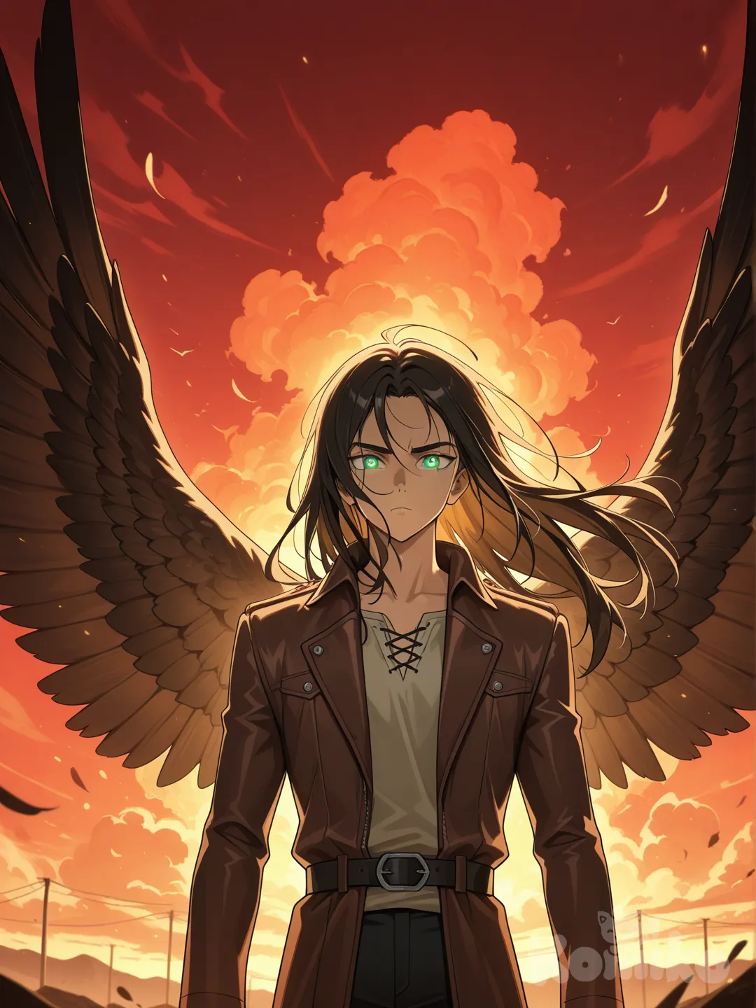 Cinematic anime illustration of Eren Yeager with long hair blowing in the wind, cold determined expression, glowing green eyes, standing before a burning sky, freedom symbolism, dynamic lighting, epic atmosphere, anime movie finale style, ultra-sharp focus, emotional intensity

🚫 NEGATIVE

flat colors, blurry, weak lighting, text, watermark

🎯 Why it wins: Emotional depth + iconic transformation.