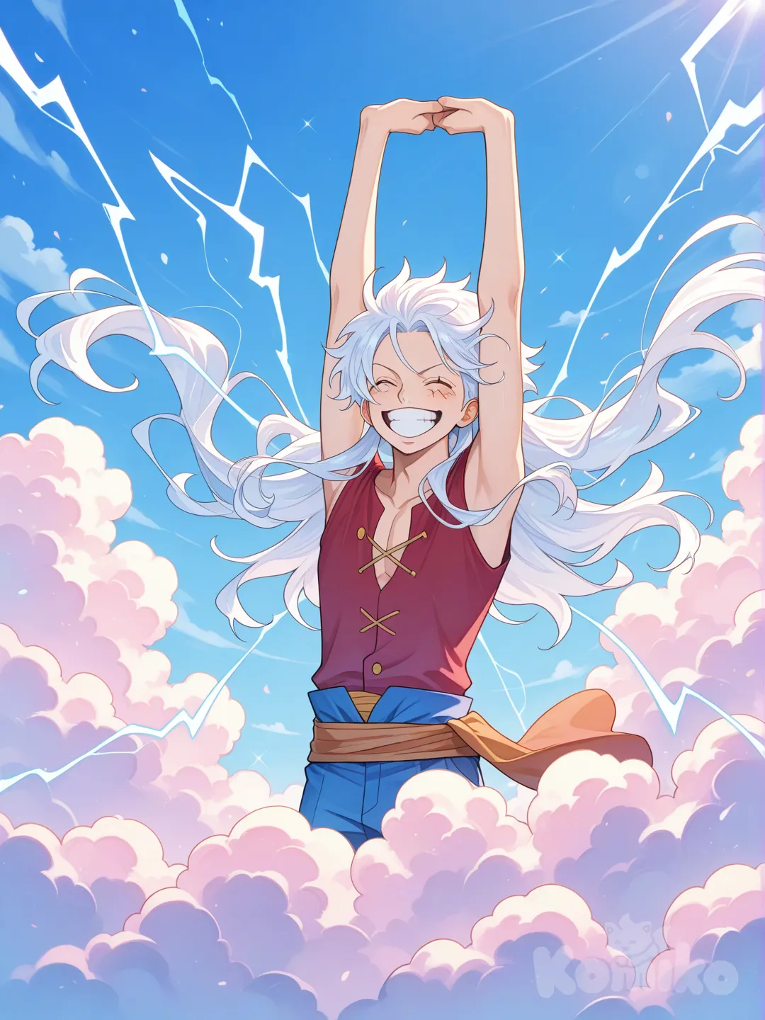 Bright cinematic anime illustration of Monkey D. Luffy in Gear 5 form, laughing freely, white flowing hair, playful clouds and soft lightning around him, elastic body mid-motion, joyful energy, vibrant pastel colors, sunny sky background, anime movie climax style, ultra-clean composition