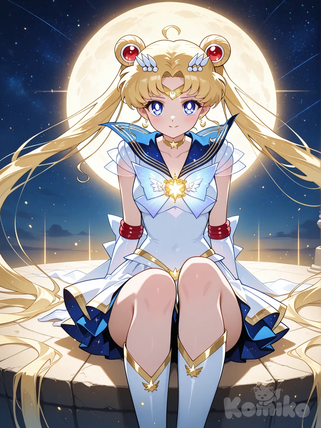 Cinematic anime illustration of Sailor Moon in her Eternal form, long flowing blonde hair with twin buns, glowing blue eyes, elegant white and gold sailor outfit, soft golden light surrounding her, star-filled sky background, peaceful and hopeful expression, magical aura, anime movie poster style, ultra-quality, 8k