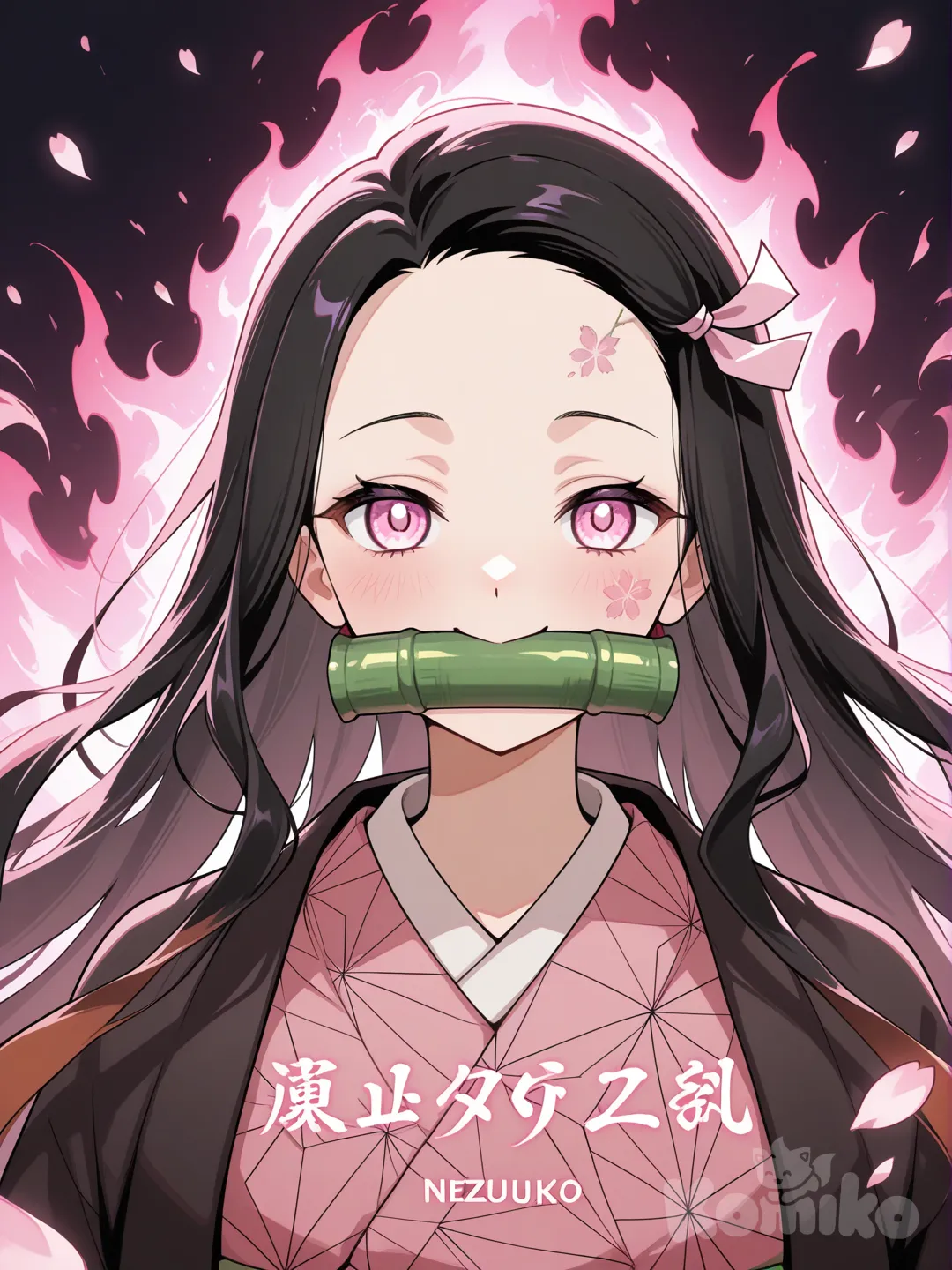 Beautiful anime illustration of Nezuko Kamado with glowing pink eyes, bamboo muzzle, long flowing hair, soft pink flame aura, gentle expression, cherry blossom background, warm lighting, elegant pose, anime movie poster composition, ultra-