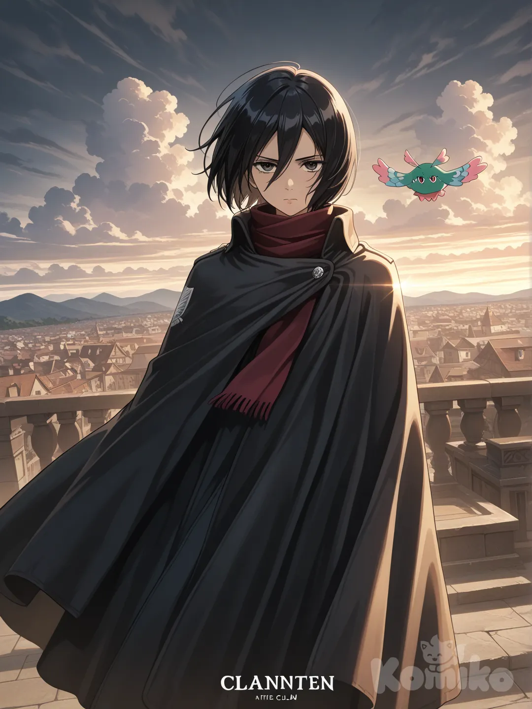 Cinematic anime illustration of Mikasa Ackerman standing confidently, short black hair, red scarf flowing in the wind, calm determined expression, soft cloudy sky background, subtle motion in her cloak, clean anime style, elegant lighting, anime poster quality, ultra-