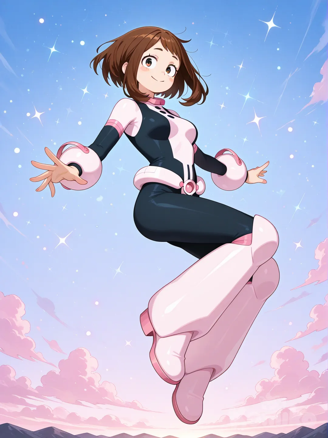 Bright anime illustration of Ochaco Uraraka floating gently in the air, warm smile, pink and black hero suit, soft glowing particles around her, blue sky background, joyful atmosphere, clean anime movie style, ultra-wholesome and inspiring