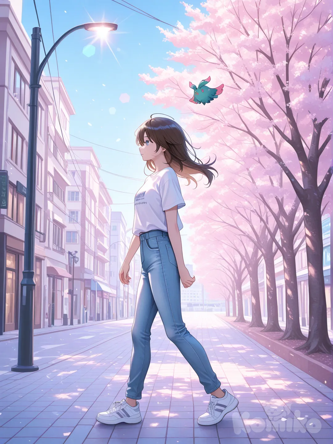 Beautiful anime illustration of an original anime girl walking through a sunlit city street, casual modern clothing, soft wind in her hair, natural expression, realistic lighting, background, pastel color palette, Makoto Shinkai style, cinematic atmosphere, ultra-
