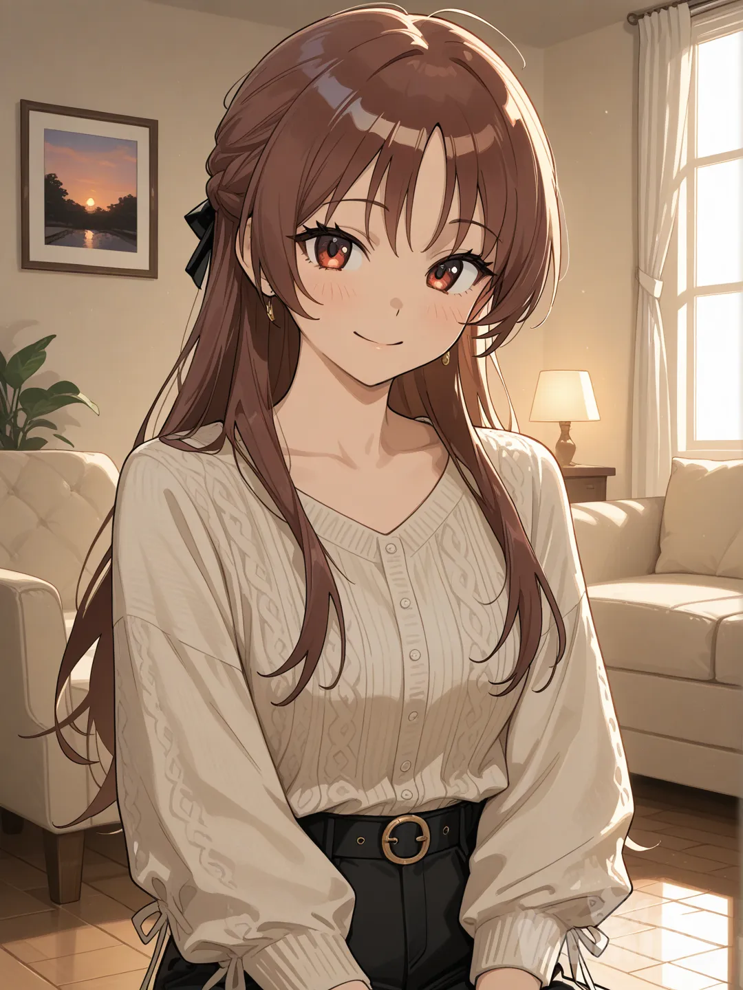 Soft anime-realism illustration of Hori Kyoko smiling naturally, casual outfit, warm indoor lighting, everyday home setting, gentle expression, realistic skin tones, clean anime style, ultra-cozy and wholesome