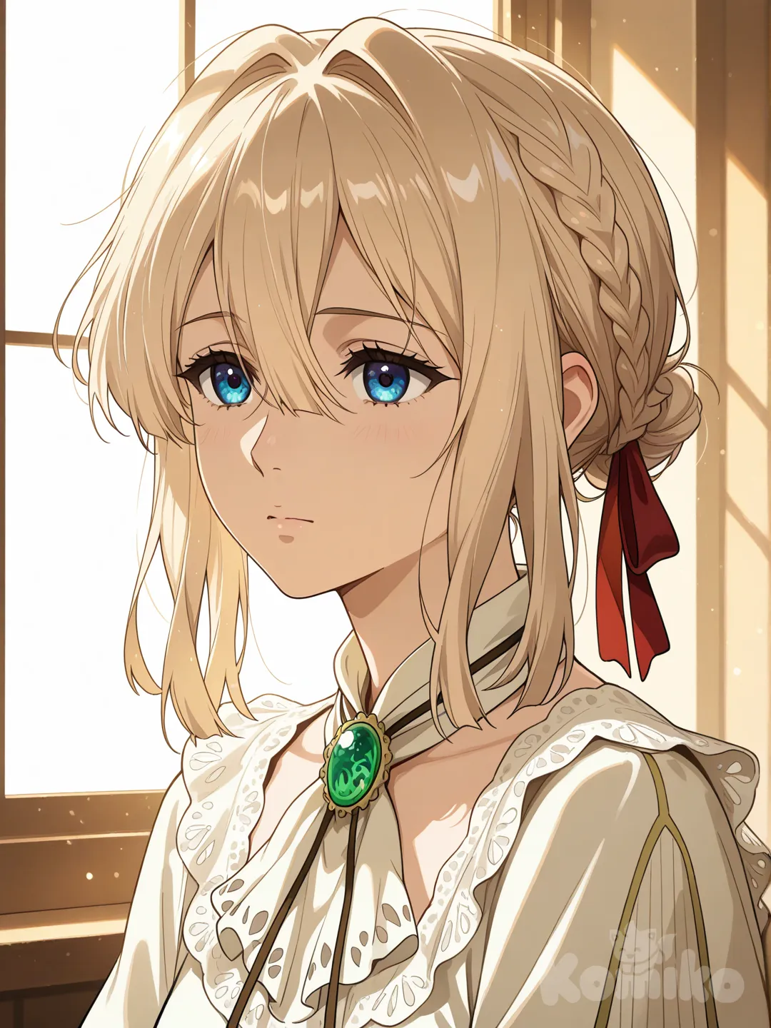 Ultra-cinematic anime-realism illustration of Violet Evergarden sitting by a sunlit window, soft morning light illuminating her face, expressive blue eyes reflecting quiet emotion, delicate blonde hair, realistic Victorian dress textures, warm color grading, shallow depth of field, peaceful atmosphere, anime realism museum-quality illustration