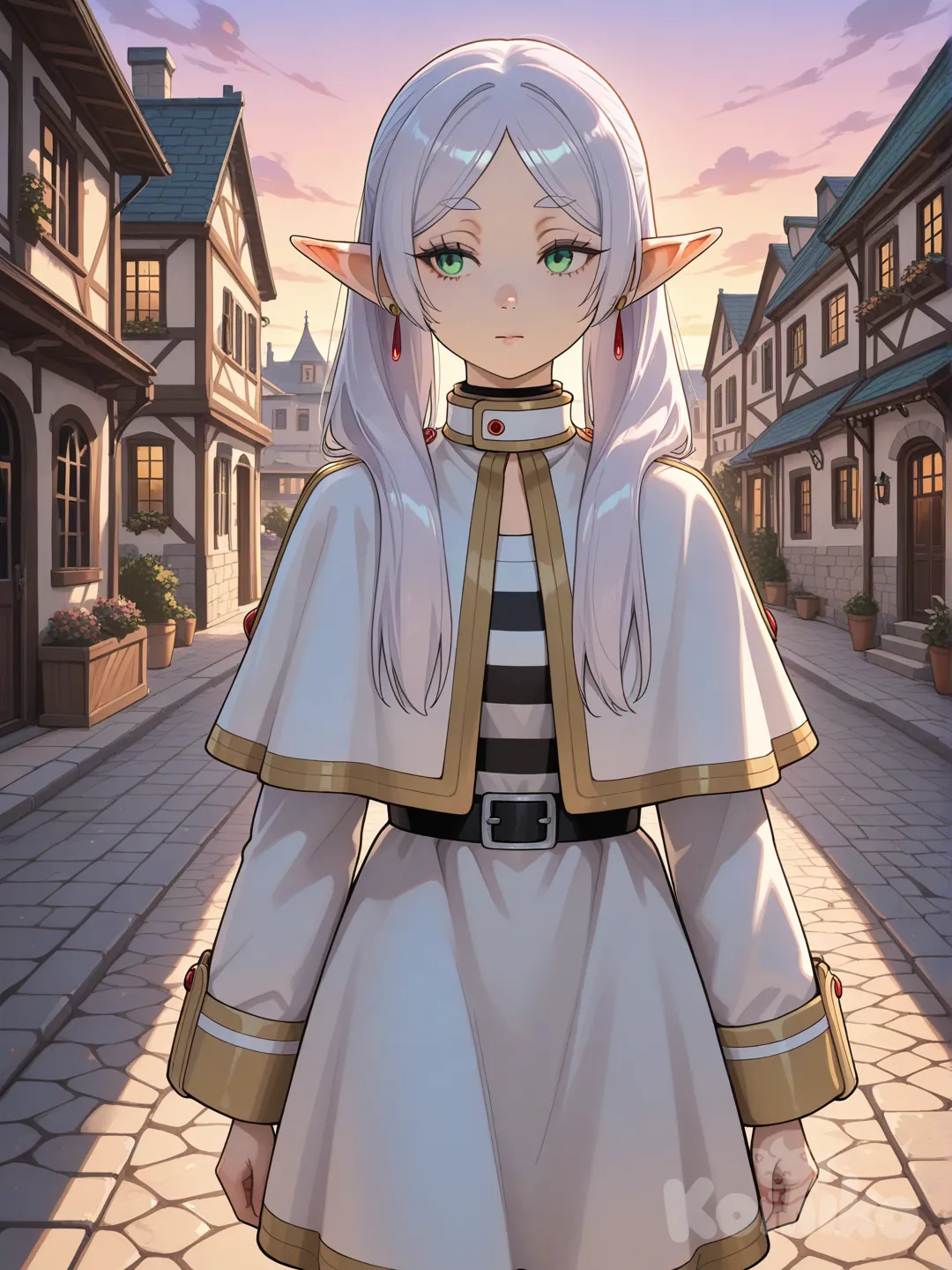 Elegant anime-realism illustration of Frieren standing in a quiet town at sunset, calm thoughtful expression, soft silver hair, gentle natural lighting, realistic stone buildings, warm pastel sky, subtle melancholy, cinematic anime realism, ultra-serene and timeless