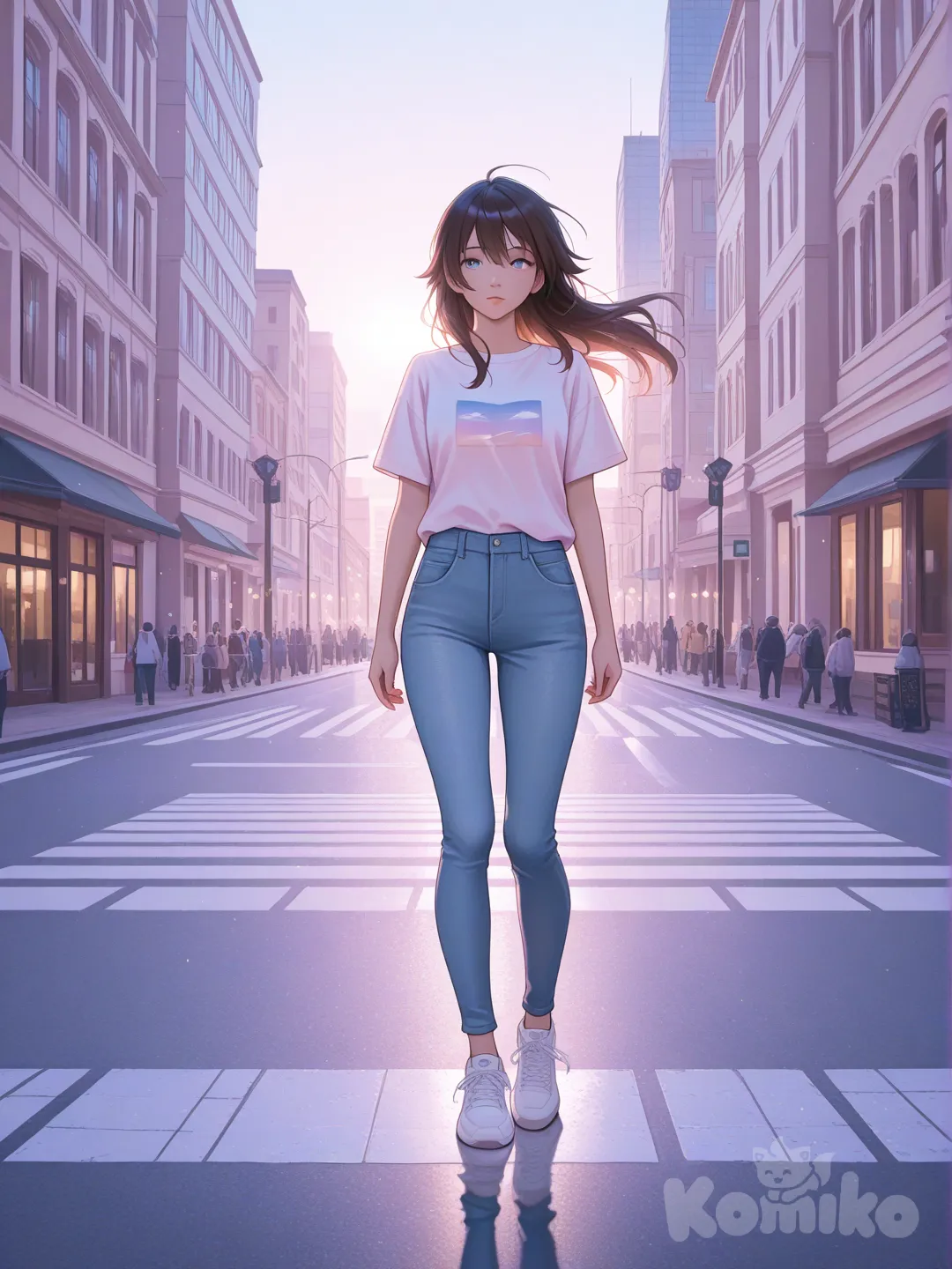 Beautiful anime-realism illustration of an original anime girl waiting at a crosswalk, sunlight reflecting off city windows, gentle breeze in her hair, casual modern clothing, realistic lighting, pastel color palette, Makoto Shinkai-inspired background, cinematic composition, ultra-