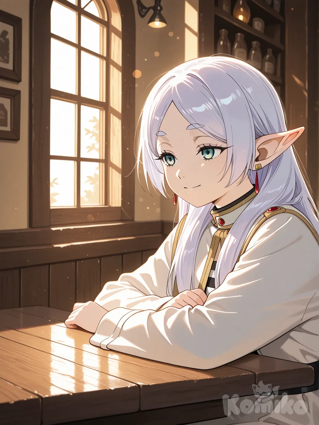 PROMPT
Soft anime-realism illustration of Frieren sitting at a wooden café table by a large window, morning sunlight pouring in, gentle smile, silver hair softly glowing, cozy medieval-inspired interior, warm color palette, shallow depth of field, peaceful atmosphere, dreamy cinematic lighting, ultra-quality