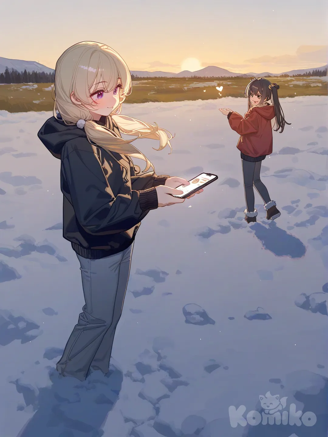 2girls, [lacquered-illustration-style], looking at phone, smile, blush, hoodie, casual pants, blonde hair twin tails, side light, christmas snow
grassland,heart