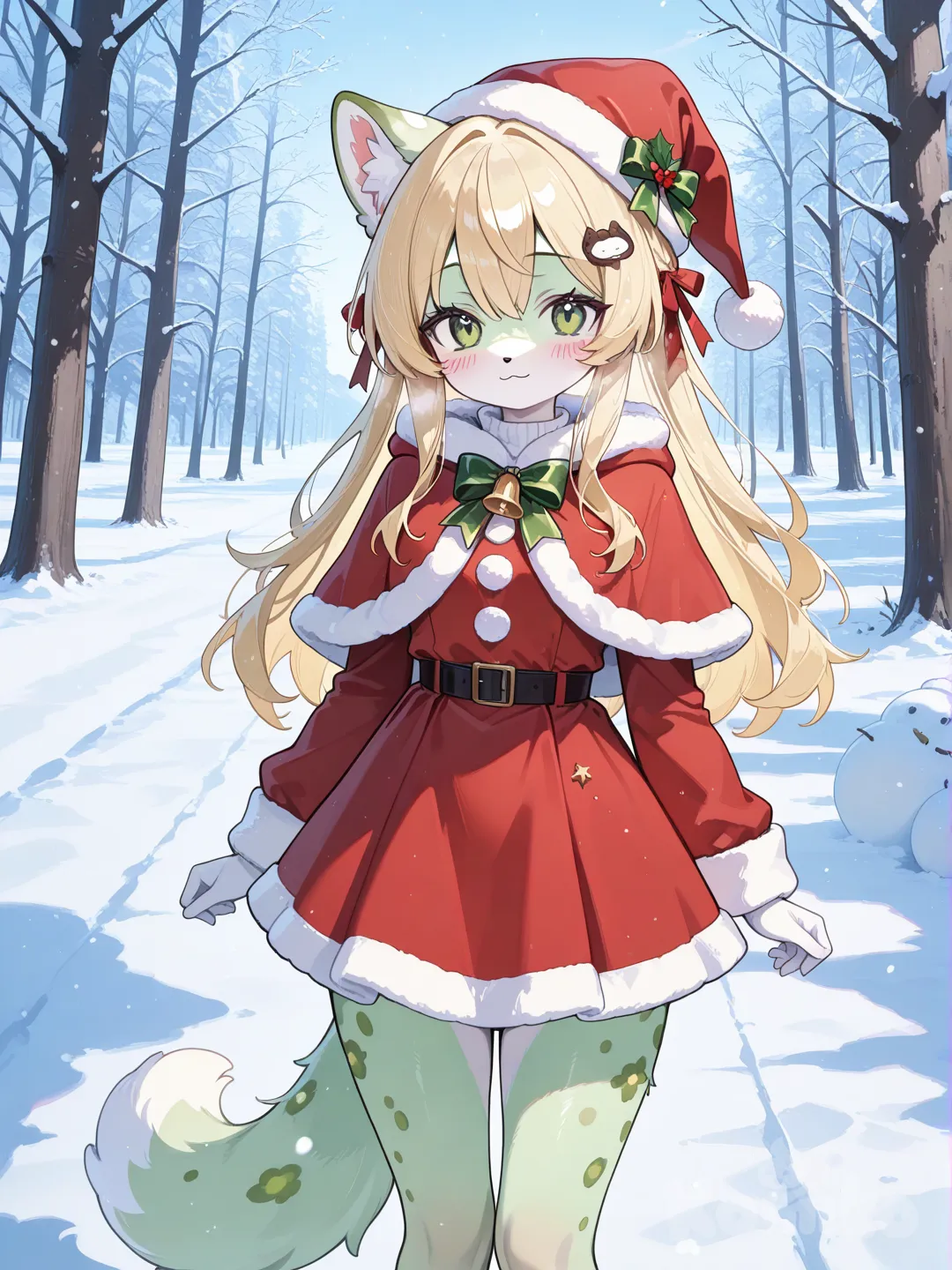 Furry cute drawing and light green fur and green spots in christmas clothing ,blonde,snow