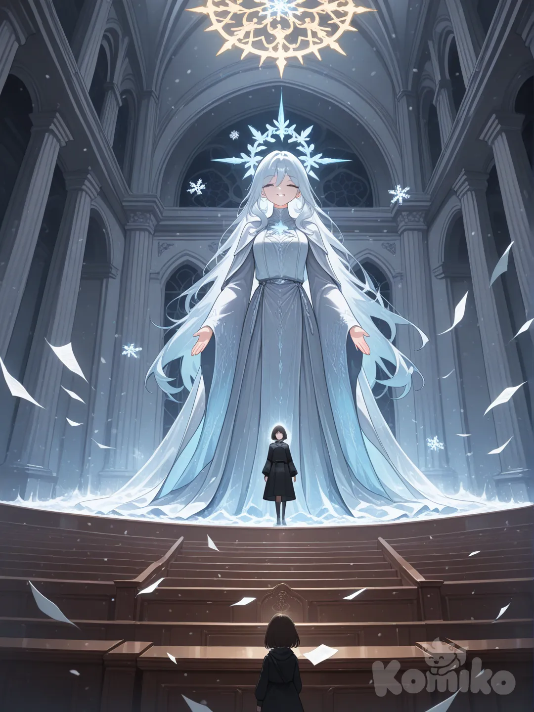 When she reaches the center of the chamber, the act of judgment itself halts. Papers freeze mid-fall, digital displays stop refreshing, and the sound of the room collapses into a muted stillness. Breath fogs the air near her lips as she exhales, and a subtle snowfall begins, each flake shining briefly before fading
. The judges find their hands unable to complete their motions, not by force, but as if the universe has decided that this moment is not yet allowed to finish. Her presence feels ancient, impartial, and absolute, rooted in a background of winter courts and forgotten rituals where fairness was treated as sacred law rather than procedure.