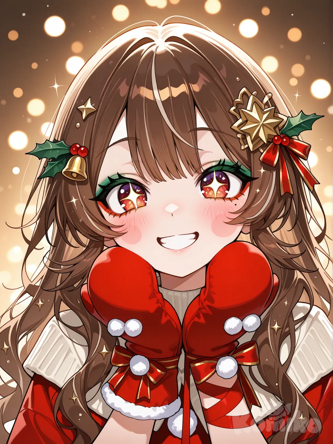 Her hair spills freely down her shoulders in thick, glossy waves, a warm chestnut color threaded with subtle highlights that shimmer like tinsel. Small ornaments and holly clips are tucked playfully among the strands, and when she turns her head they sway gently, chiming softly. Her eyes are large and expressive, bright with cheer, reflecting reds, greens, and golds like a Christmas display. Her cheeks are naturally flushed, as though she has just come in from the cold, and her smile is wide and genuine, instantly disarming. A pair of mittens dangles from her wrists on red string, bouncing lightly as she moves.
