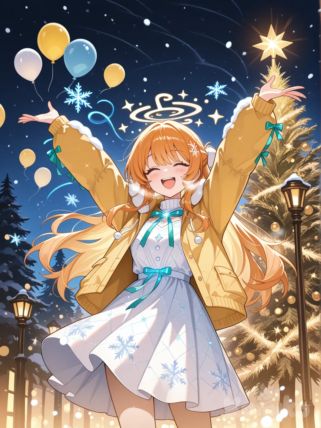 She spins playfully in place, arms stretched wide, coatless despite the cold, and the world responds. Snow swirls around her in gentle spirals, forming glowing ribbons and floating ornaments that drift like balloons. Candy-cane striped light poles rise from the ground behind her, already lit, and evergreen trees decorated with twinkling lights and ornaments fade into view as if painted into existence. The air fills with warmth, carrying the scent of baked sweets, pine needles, and hot cocoa. Her laughter seems to echo, not loudly, but comfortably, blending into the soft hum of distant carols.