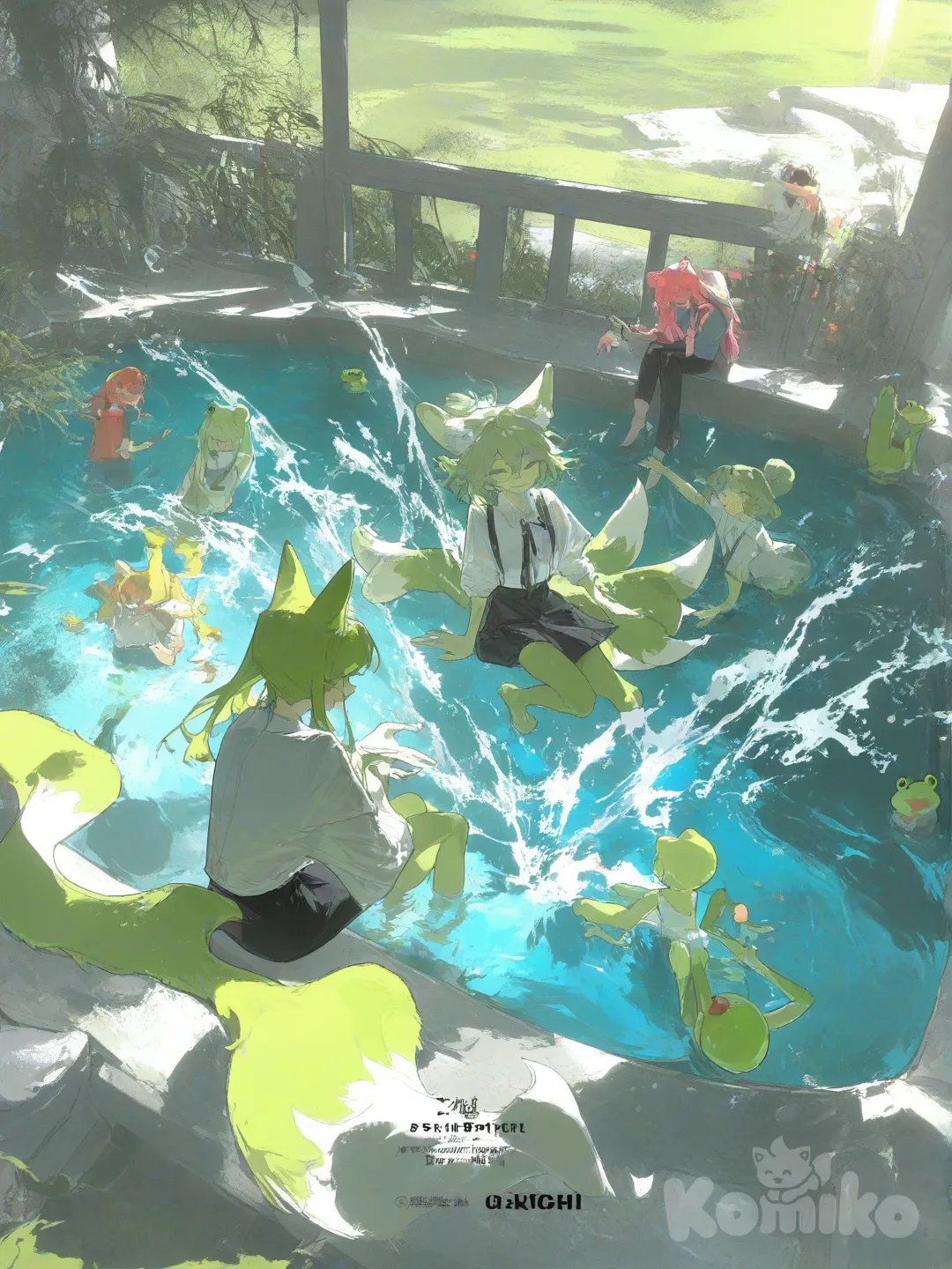 furry female, fox ears, sitting in a shallow pond splashing with friends with light green fur and green spots , [desaturated-illustration-style]