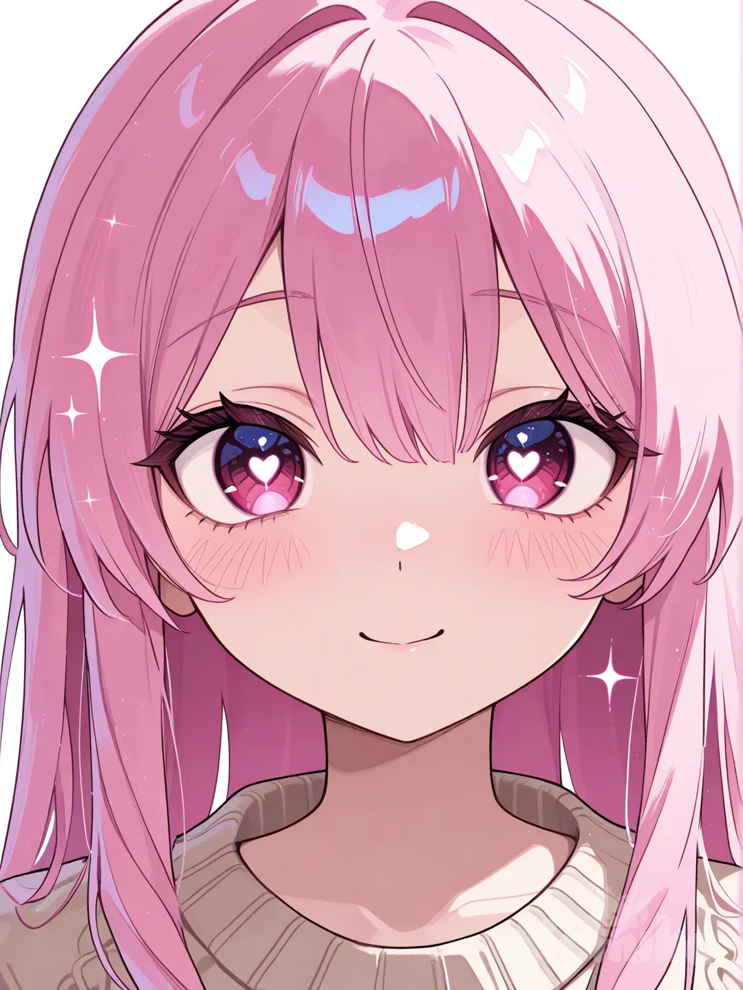 Long silky hair (pastel pink, lavender, or chestnut brown)

Big sparkling eyes with heart-shaped highlights

Light blush on cheeks

Cozy sweater slightly oversized

Gentle smile that feels warm and comforting