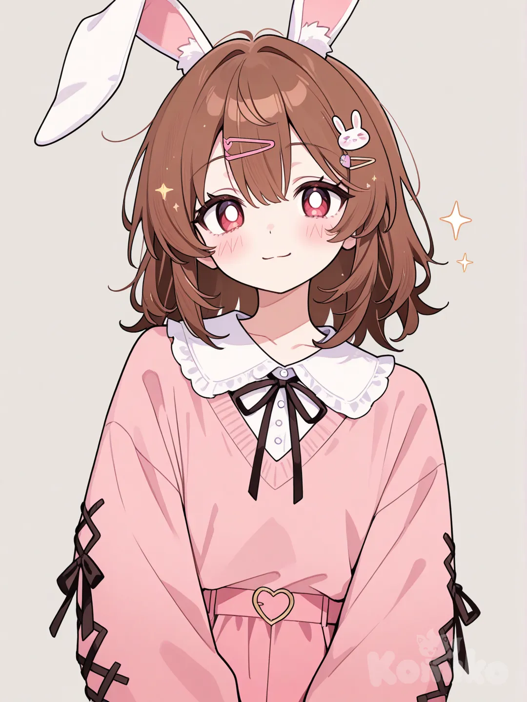 Shoulder-length hair, bunny clips 🐰

Round expressive eyes

Gentle grin, slight blush

Cute casual outfit