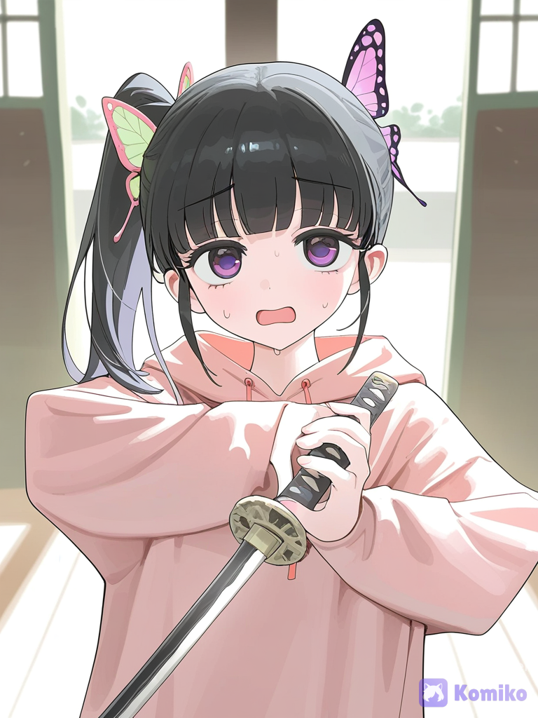 [vibrant-anime-style], @Tsuyuri_Kanao, holding sword, shocked, angry,in infinity castle, 1girl, heart hands, oversized hoodie, upper body