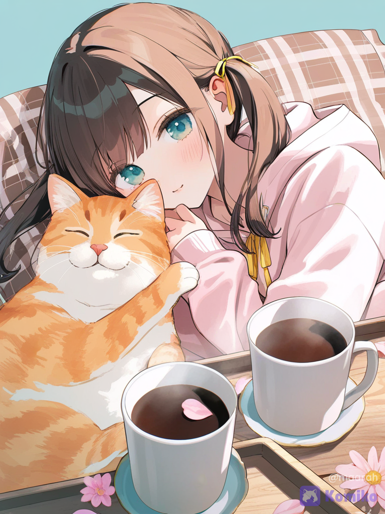 [soft-pastel-style], An anime-style illustration depicts a girl with light brown hair tied into two high pigtails with a yellow-and-white plaid ribbon bow. She has large, shimmering teal eyes, flushed cheeks, and a gentle smile as she looks toward the viewer. She is wearing a cozy cream-colored hoodie decorated with a daisy pattern along the sleeves and a yellow plaid lining inside the hood. She is lying down, cuddling an orange and white tabby cat that looks content with its eyes closed, while another similar tabby cat rests near her head on a brown plaid pillow.
The surrounding scene is filled with cheerful, casual details. To her left, there is a wooden tray holding a white cup of black coffee or tea and some square biscuits. Near the bottom, small polaroid-style photos showing landscape illustrations are scattered along with small pink flower blossoms. The overall color scheme is bright, warm, and comforting, featuring soft pastel tones and a light blue background., 1boy, @Kochou_Shinobu, v sign, kimono top, portrait