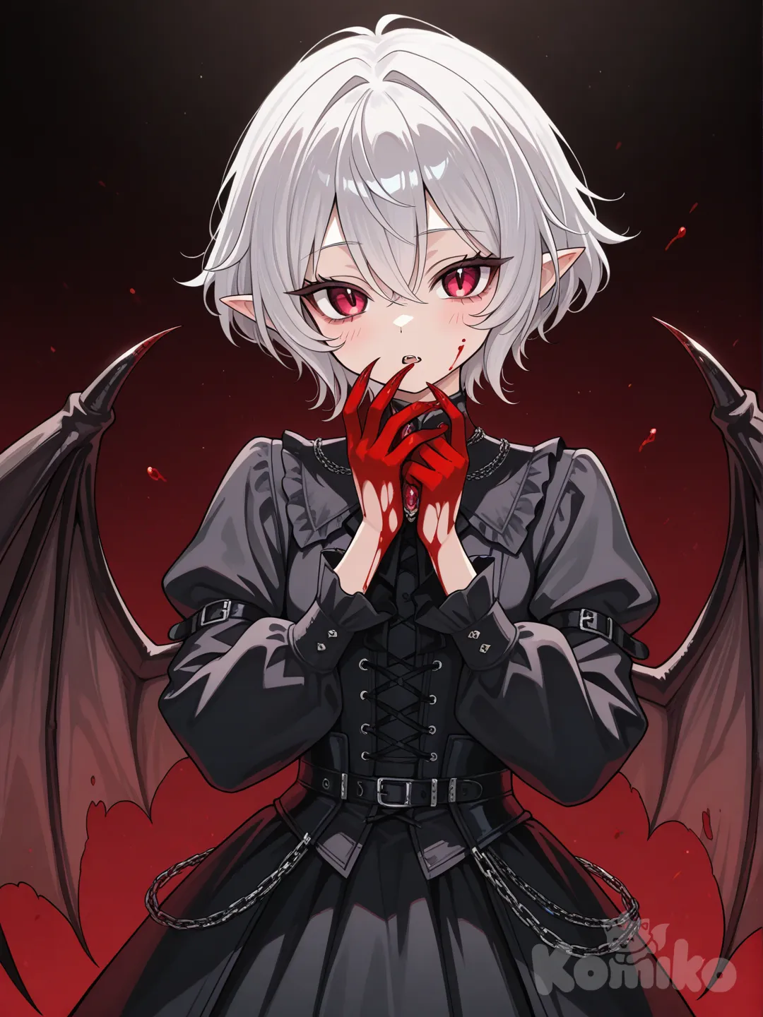 Una anime que tenga el pelo plateado, con garras con los dedos ensangrentados, que sea pequeño tenga alas de murciélago