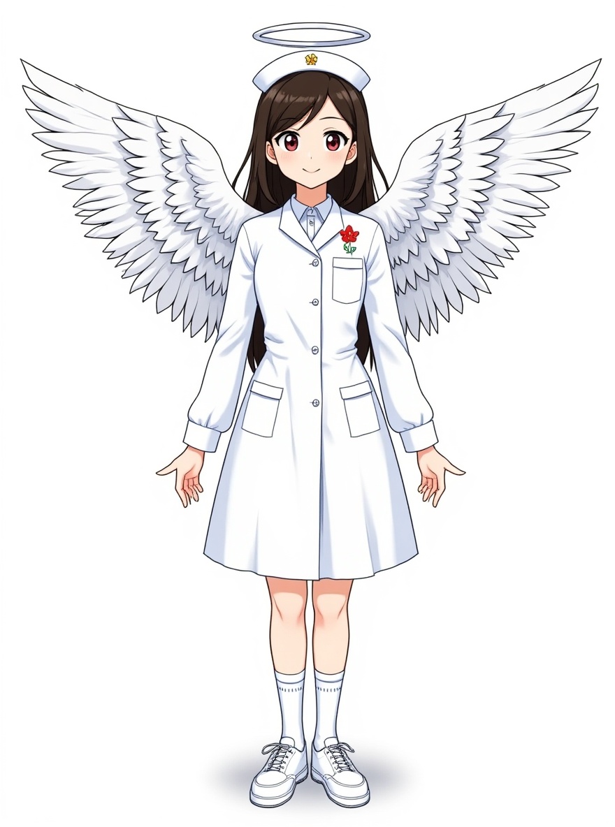1girl, nurse, angel wings, flashy outfit, single character, full body, looking at viewer, anime style, simple background, white background