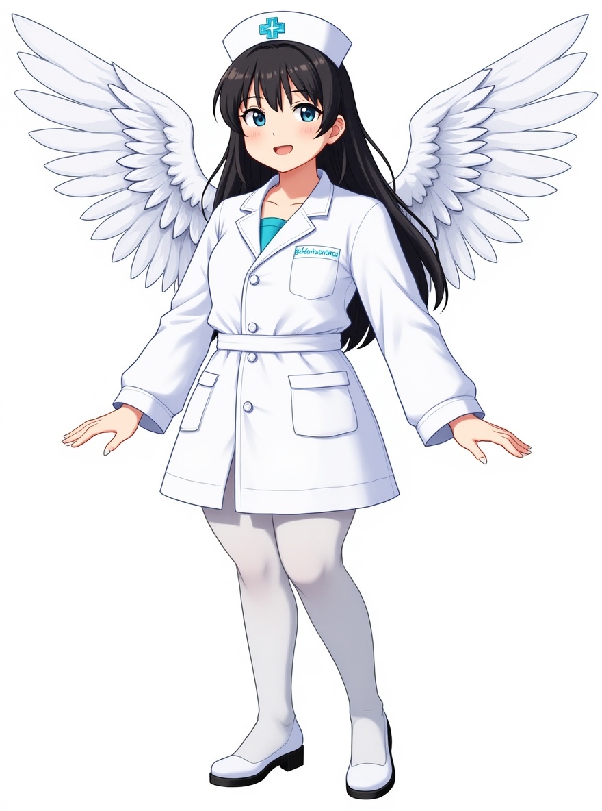 1girl, nurse, angel wings, flashy outfit, single character, full body, looking at viewer, anime style, simple background, white background