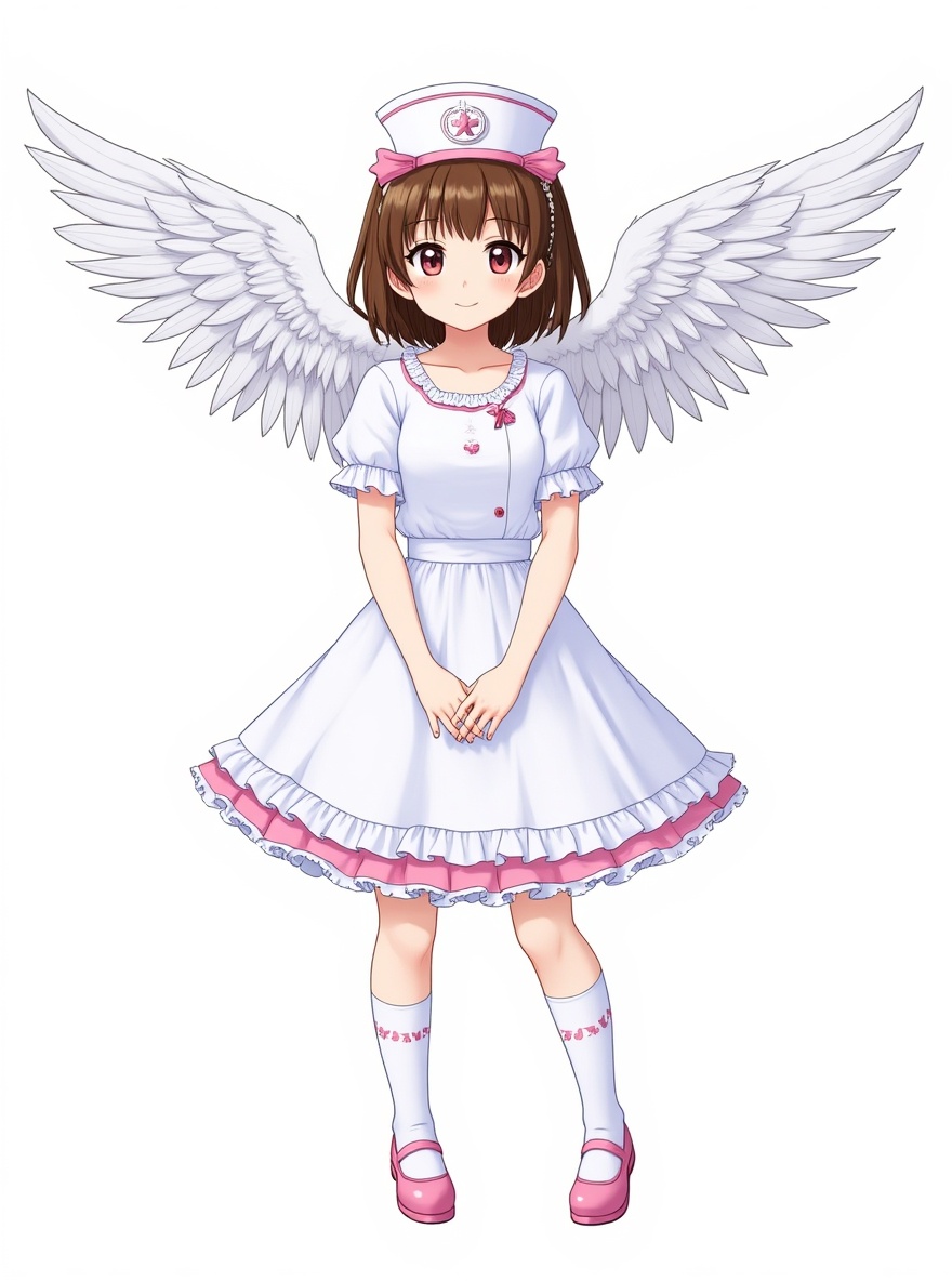 1girl, nurse, angel wings, flashy outfit, single character, full body, looking at viewer, anime style, simple background, white background
