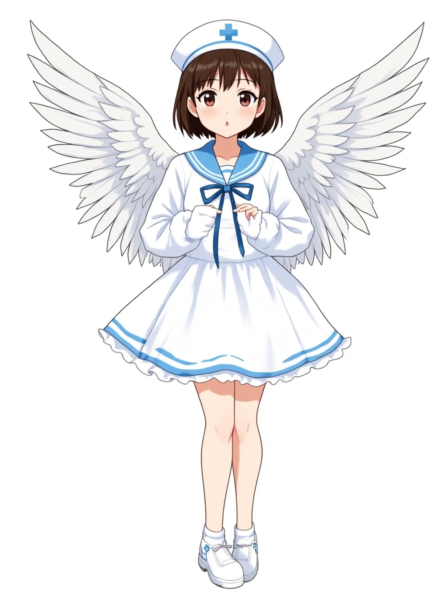 1girl, nurse, angel wings, flashy outfit, single character, full body, looking at viewer, anime style, simple background, white background