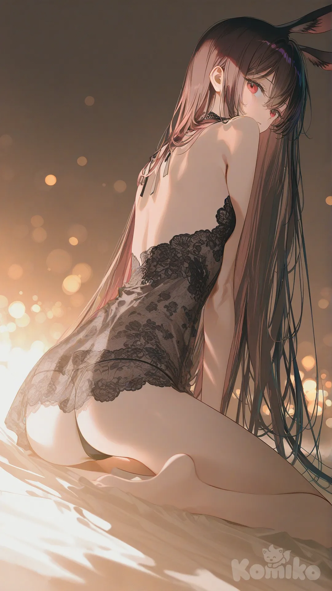 sitting on edge, legs spread slightly, leaning forward, ass focus, from behind side angle, looking back, thighs visible，black lace lingerie, thong, micro bikini, string panties, backless dress, @Amiya_(Arknights), [iridescent-style], full body, closeup