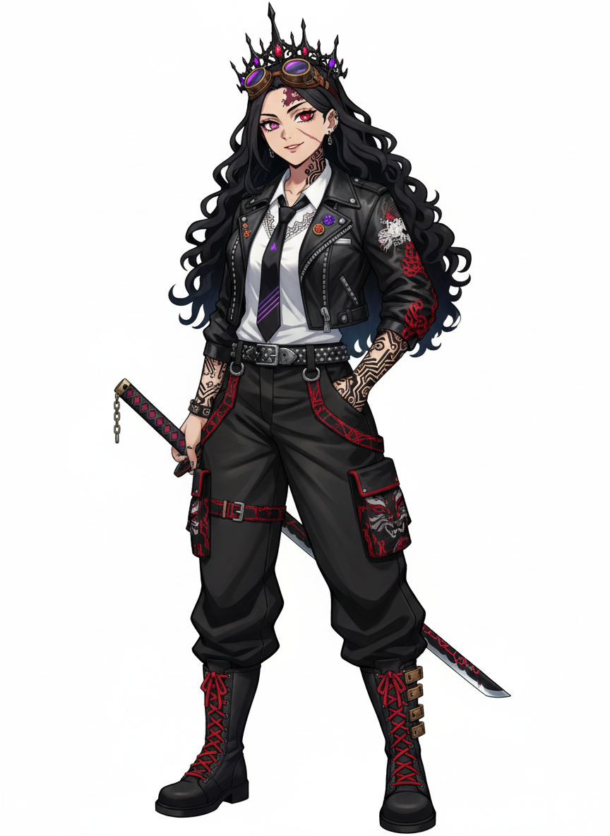 1girl, Slayer style, original character in the world of Slayer, original character in the world of Demon Slayer, cyberpunk, Demon Slayer style, teenager, curvy, muscular, tall, athletic, black hair, long hair, curly hair, red eyes, purple eyes, scar, tattoo, olive skin, punk leather jacket, cargo pants, wide-leg pants, lace, steampunk goggles, jewelry, crown, tie, single character, full body, looking at viewer, anime style, simple background, white background, Demon slayer sword, Metal breathing