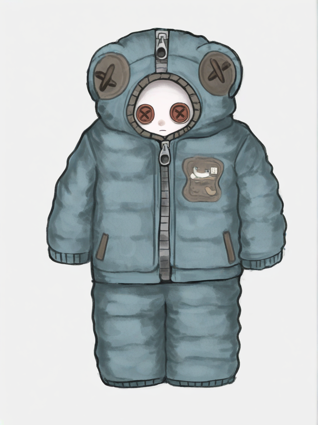 [sketchy-painterly-style] 1boy, child, short, slim, doll, button eyes, fabric material, zipper, single character, full body, looking at viewer, anime style, simple background, white background