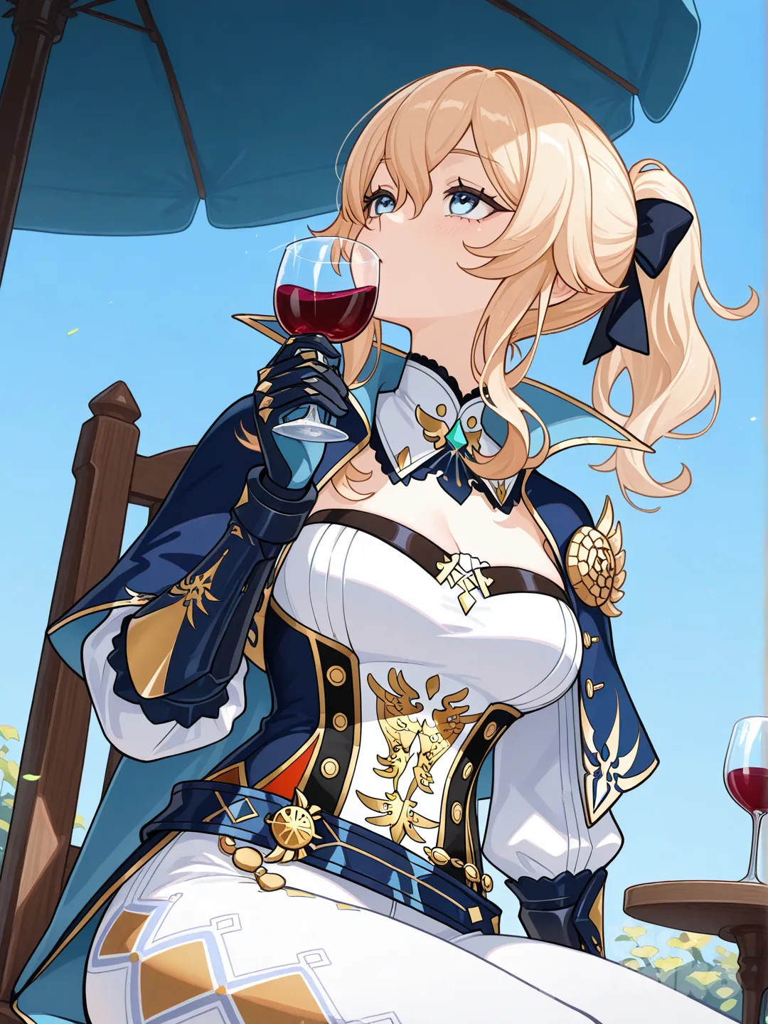 @Jean_(Genshin_Impact), sitting on a chair, drinking wine, sunny day, looking at clear sky