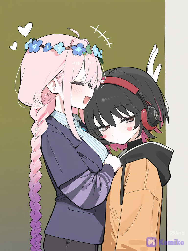 [vibrant-anime-style], 2girls, @ana-e-vitoria-xQzF, leaning against wall, hugging, hoodie, suit pants, headphones, portrait, gradient background