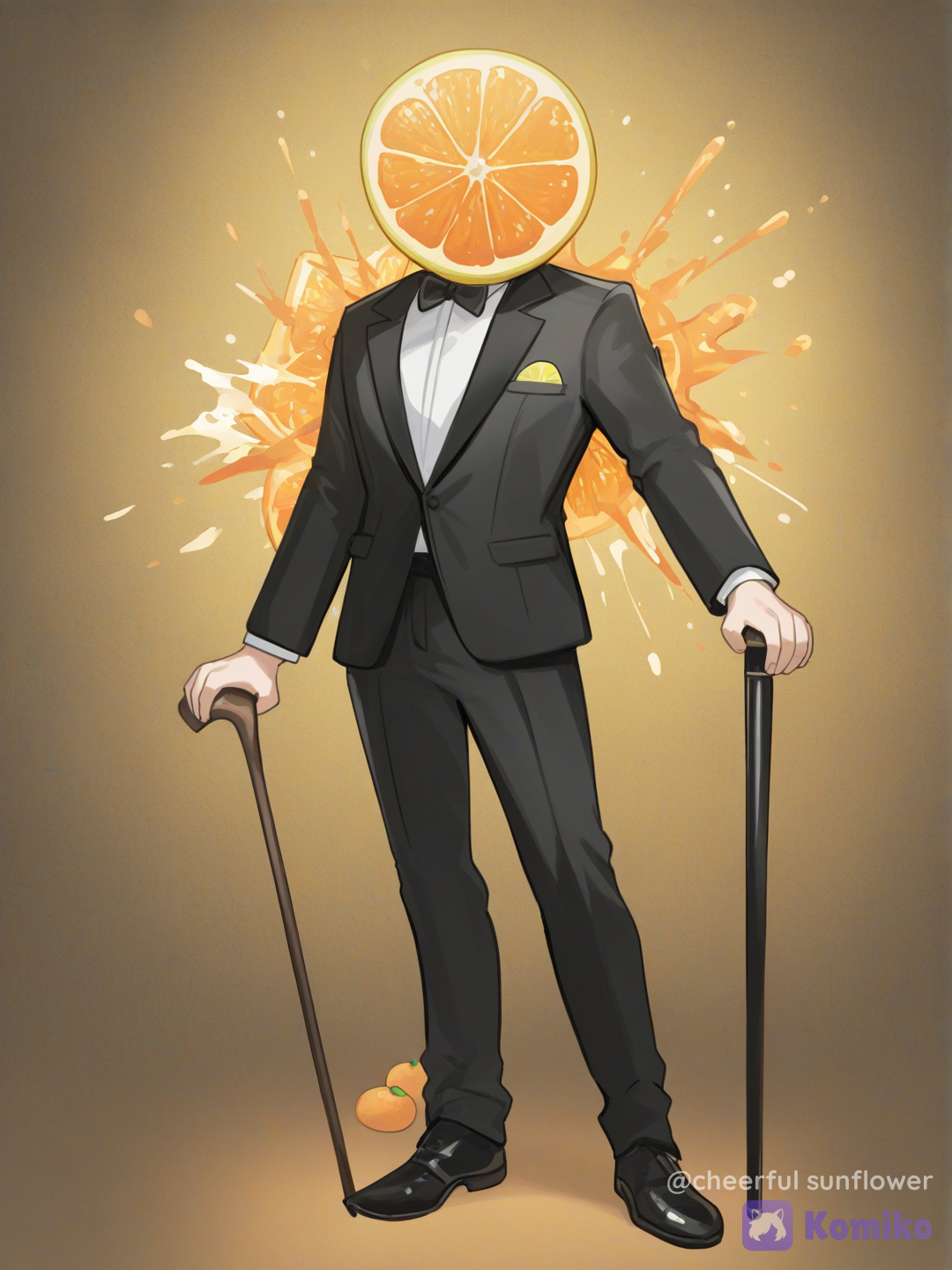 Cuerpo echo de Mandarinas jugosas, trajeado, toronja rosa cortadas, limón en rodajas, limas explotando, con un traje elegante y bastón[soft-furry-style]