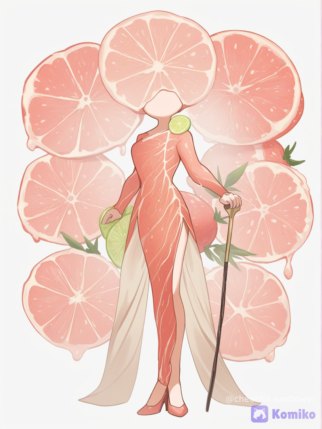 Cuerpo echo de Mandarinas jugosas, trajeado, toronja rosa cortadas, limón en rodajas, limas explotando, con un traje elegante y bastón, [soft-furry-style]