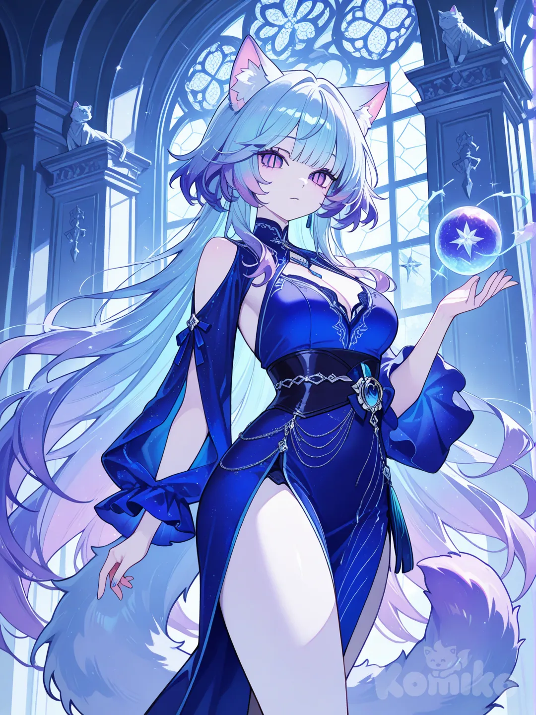 tall statue, feminine appearance, cat-like features as in slits in the eyes, fluffy cat ears and a big fluffy tail, their color pallet insists of azure, purple and deep blues, pale skin